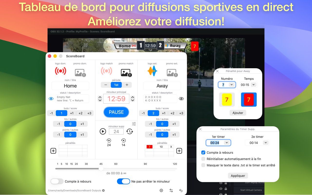 Écran principal de ScoreBoard pour Mac avec les commandes du score et du chrono