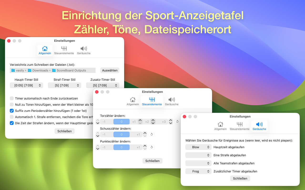 Einstellungen von ScoreBoard für Mac zum Anpassen der Scoreboard-Ausgabe