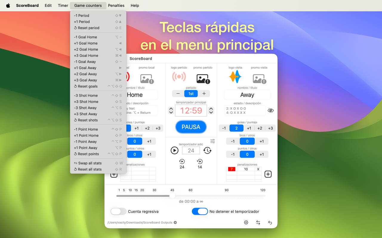 Atajos de teclado y acciones de la Touch Bar en ScoreBoard para Mac