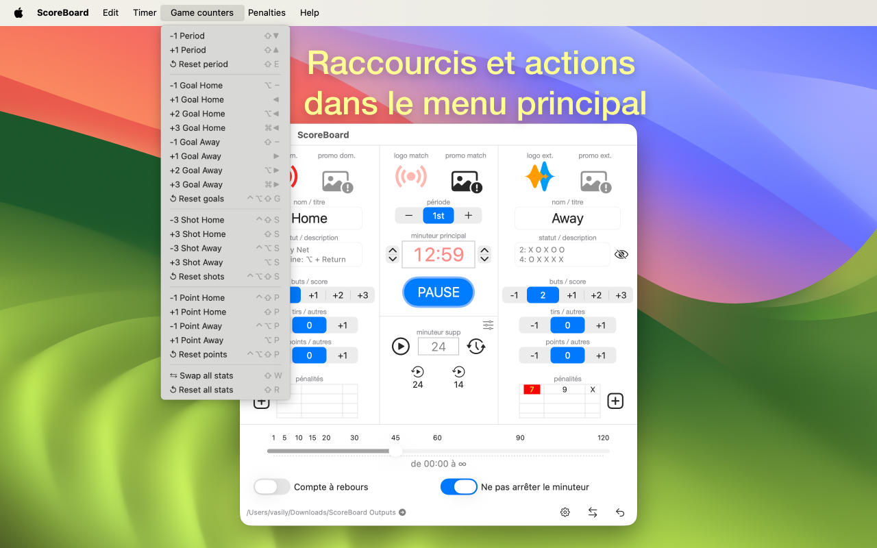 Raccourcis clavier et actions de la Touch Bar dans ScoreBoard pour Mac
