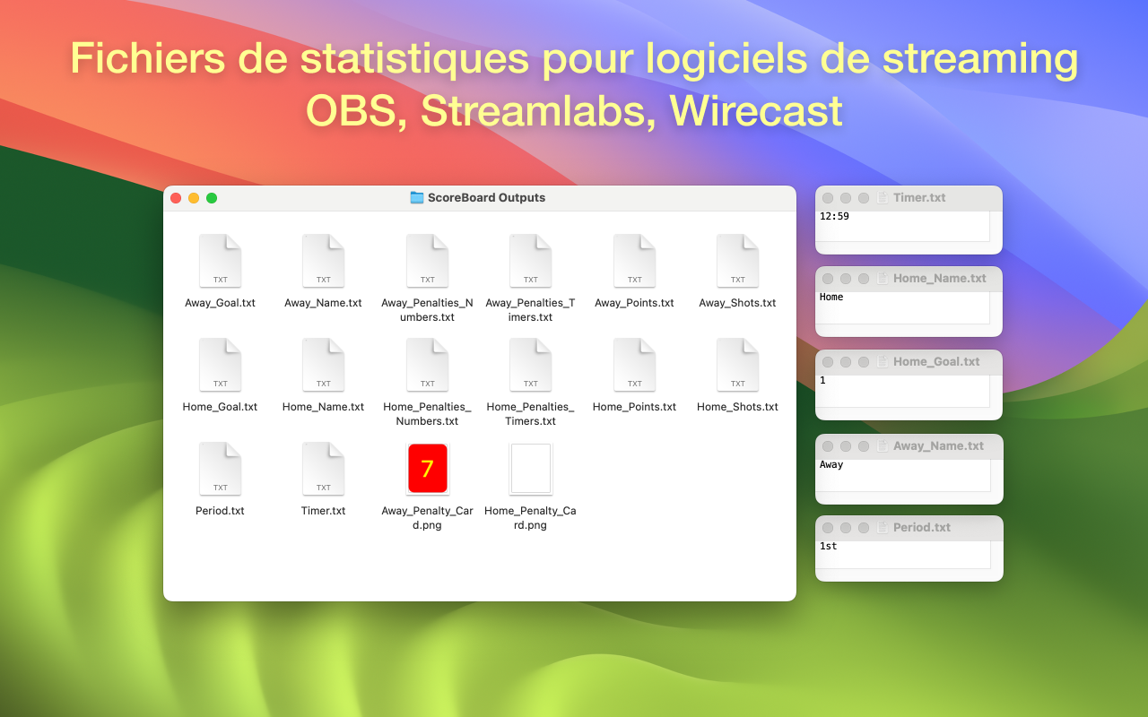 Fichiers TXT de sortie de ScoreBoard pour Mac utilisés comme sources texte dans OBS